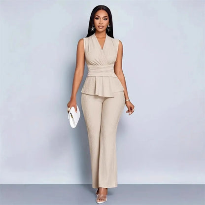 New Spring Summer Women's Trousers Two-piece Elegant Slim V-neck Sleeveless Irregular T-shirt Wide-leg Pants Office 2-piece Set