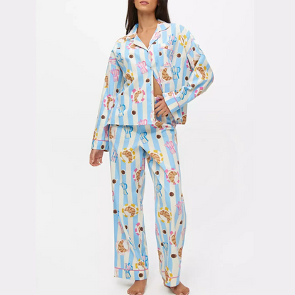 Hirigin Women's 2 Piece Lounge Set Fashion Long Sleeve Pattern Print Shirt Wide Leg Pants Sleepwear Sets for Winter Fall