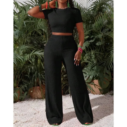 Casual Sports Set For Women Sexy Slim Short Sleeve O Neck Tops+High Waist Wide Leg Pants 2 Piece Sets Women's Clothing Holiday