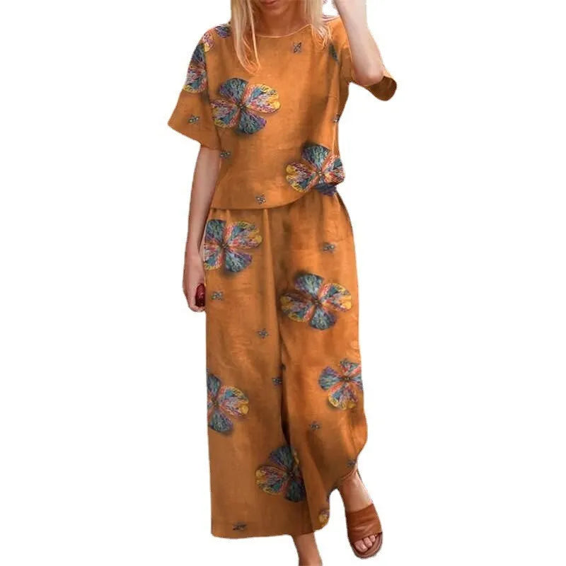 Cotton Linen Vintage Printed Pant Sets Loose Short Sleeves T Shirt High Waist Wide Leg Pants Two Piece Set For Women Streetwear