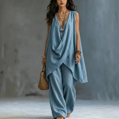2026 Summer Linen Cotton Sleeveless Stand Collar Set Women Casual Loose Fit Solid Wide Leg Pants Vacation Outfit