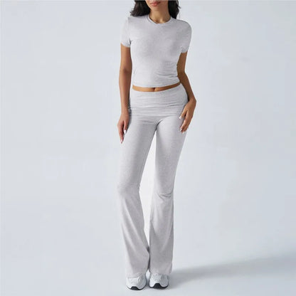 Women's Sexy Tops Suits 2026 Summer Latest Casual Solid Color Yoga Suit Slim Fit Sports Short Sleeved Pants Two-Piece Set Outfit