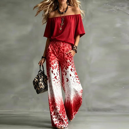 Vintage Printed One Shoulder Short Sleeve Women T-Shirts Pocket High Waist Wide Leg Pants Suit Women Casual Two Piece Set
