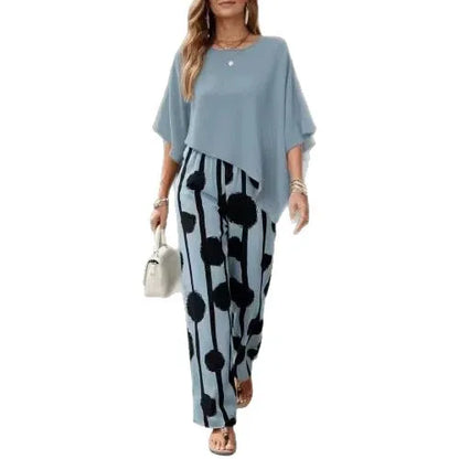 2026 Spring Summer New Comfort Crew Neck Short Sleeve Striped Print Wide Leg Pants 2-Piece Outfit Set