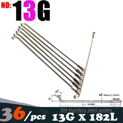 36Pcs 13G(2.25mm)122-240MM 304 Stainless Steel Bicycle Spokes & Nut Electric E-Bike Cycle