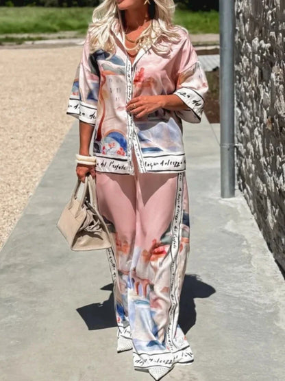 2 Pieces Set for Woman Summer New Elegant Printed Half Sleeves Shirt Tops Suits Fashionable Casual Loose Wide Leg Pants Sets