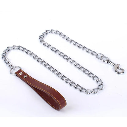 Metal Chain Dog Lead with Leather Style Handle Strong Control Leash Iron Dog Pets Supplies Collars Harnesses Chain Traction Rope