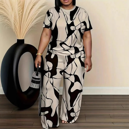 Conjuntos Femininos Summer Short-sleeved Fashion Print Suit Women's Round Neck Large Size T-shirt Wide-leg Trousers 2 Piece Suit