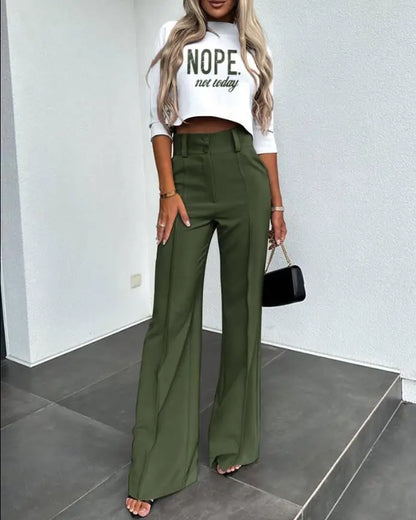 Casual Long Sleeve Shirt Pants Set Office Lady Spring Autumn Fashion Solid O-neck Tops Trousers Two Piece Set Women Outfit 2023