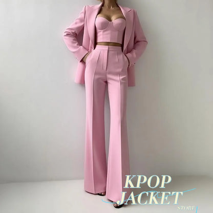 Solid Suit Jacket Corset Pants 3 Piece Set Women Corset Lapel Coat Straight Pants Lady Set 2026 Summer Autumn Commute Outfit New