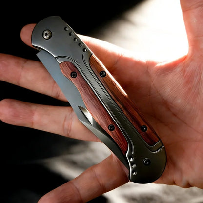Lightweight Folding Utility Knife with Wooden Inlay, Stainless Steel Blade, Non-locking Design for Camping, Hiking and Outdoor T