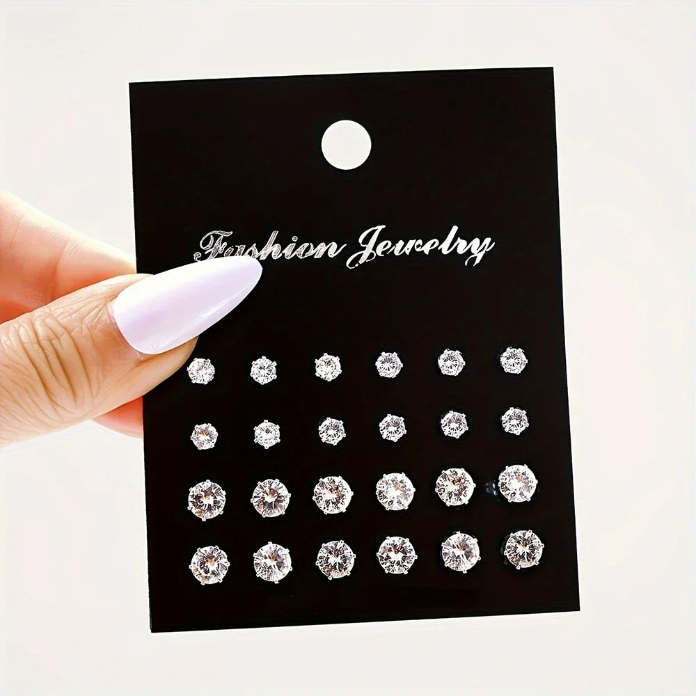 12/24/36 Pairs Shiny Zircon Stud Earrings Set for Women Men Daily Versatile Chic Silver Color Crystal Ear Jewelry Accessories