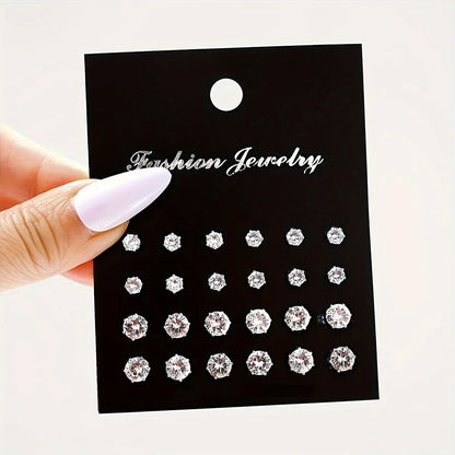 12/24/36 Pairs Shiny Zircon Stud Earrings Set for Women Men Daily Versatile Chic Silver Color Crystal Ear Jewelry Accessories