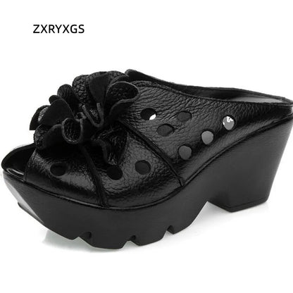 2026 New Summer Thick Bottom Slope with High Heel Slippers Genuine Leather Sandals Flowers Hollow Women Shoes Fashion Sandals