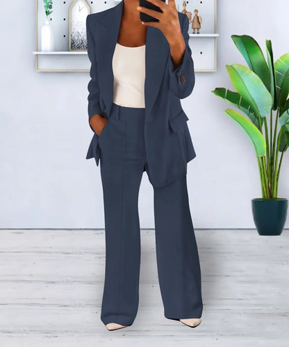 Women Suits 2 Pieces Set Fashion Lapels Single-button Coat Straight Leg Slim Pants Elegant Commuter Casuals Outfit Available 5XL