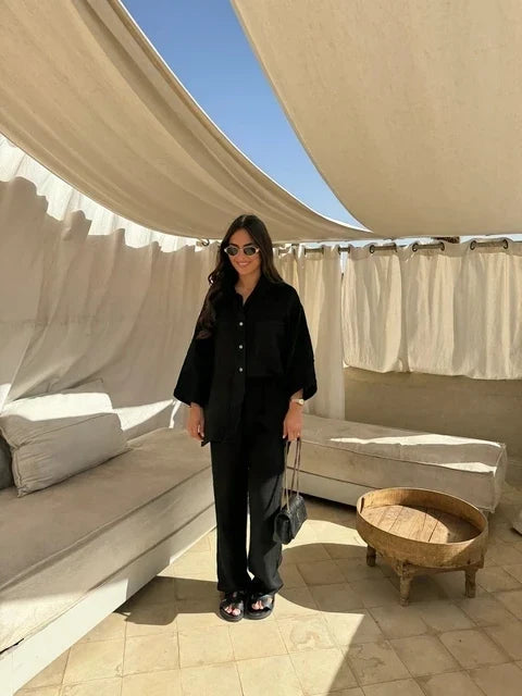 Women Elegant Lapel Pants 2 Piece Sets Chic Long Sleeves With Pocket Shirt Loose Wide Leg Trousers Sets 2025 Streetwear Outfit