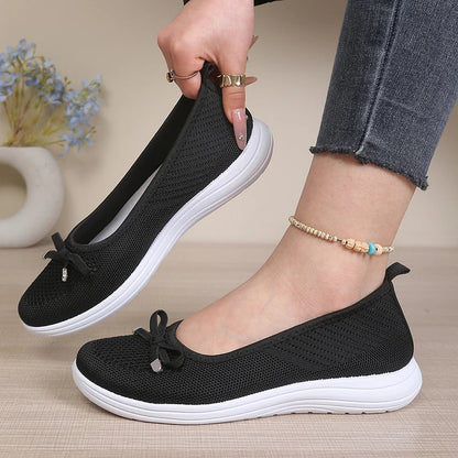 Women's Breathable Mesh Flat Shoes, Decorated with a Bow, Are Lightweight and Comfortable, Perfect for Mom Shoes.