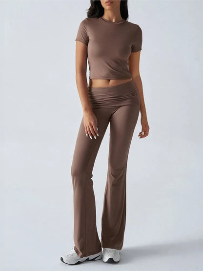 Women Casual Bodycon Two Pieces Set Short Sleeve Crop Top Slim High Waist Running Tracksuit Suit Summer Pants Outfit 2PCS
