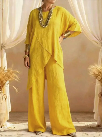 2026 Fashion Loose Women's Matching Sets Casual Half Sleeve Loose Tops And Wide Leg Pants 2 Piece Outfits Woman