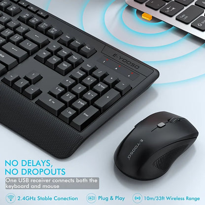 E-YOOSO 1 Set 2.4GHz Wireless Keyboard and Mouse Set,Ergonomic Wrist Rest, Optical Movement Detection,for Personal Computer