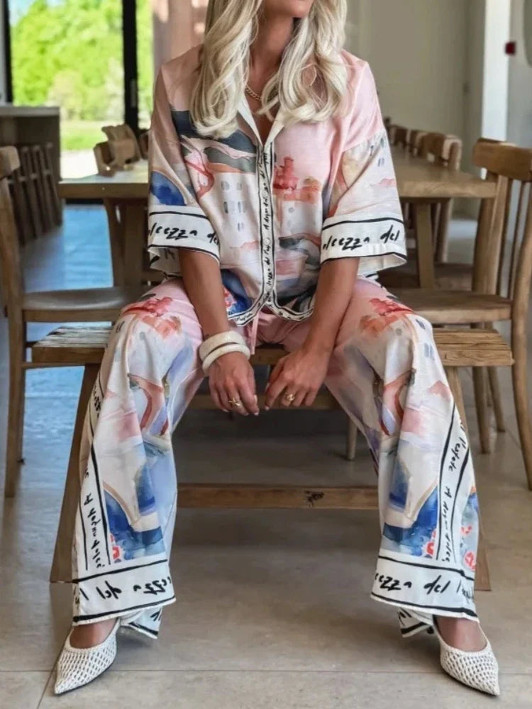 2 Pieces Set for Woman Summer New Elegant Printed Half Sleeves Shirt Tops Suits Fashionable Casual Loose Wide Leg Pants Sets