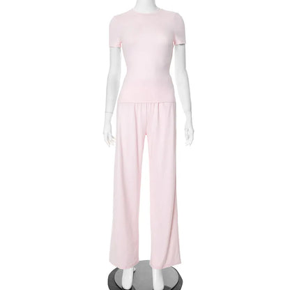 Casual Long Pants Suits Women O-neck Short Sleeve T-shirt Elastic Waist Trousers Set Spring Summer Solid Lady Household Clothes