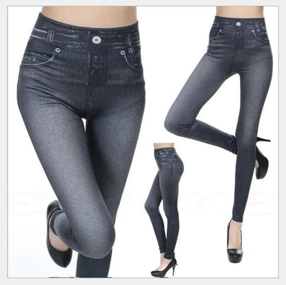 1pcs Women's Denim Print Leggings Females Fashion Slim Leggings Faux