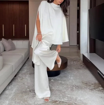 Two Piece Set Women Outfit 2026 Spring Autumn New Solid Color Satin Irregular Hem Shawl Top & High Waist Wide Leg Pants Set