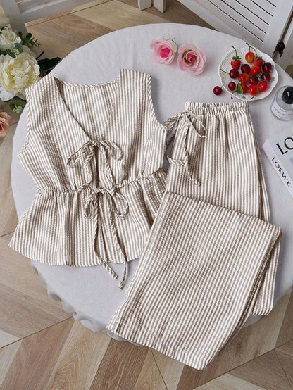 Solid Cami Wide Leg Pants Set | Tie Waist Loose Fit | Summer Two Piece Casual Outfit