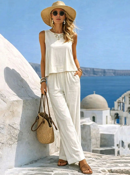  Women Vacation 2 Piece Outfit Sleeveless Tank Loose Top Pockets Wide Leg Pants Cotton Linen Blend Casual Summer Beach Wear