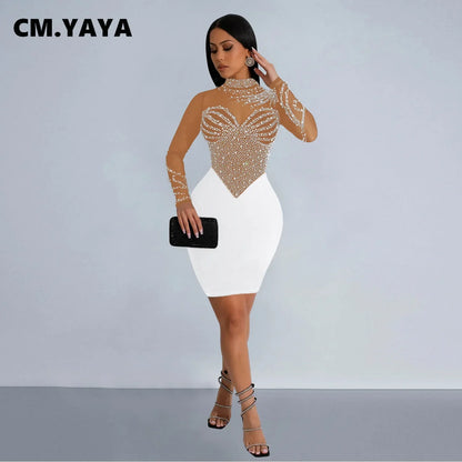 CM.YAYA Women Long Sleeve Mesh Diamonds Hot Rhinestones Mini Dress 2024 Summer Evenning Sexy Party Night Club Dresses Vestidos