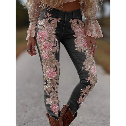3D Floral Women's Straight Leg Jeans Fashionable and Casual Stretch Denim Pants Comfortable Daily Wear Street Style