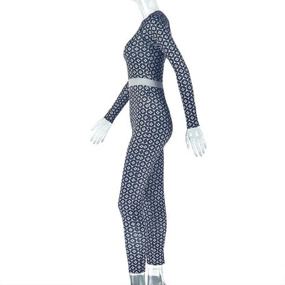 Women's Fashion Sets Slim Print Pants Y2K O-neck Long Sleeve Top Stretch Hip Package Pencil Trousers 2025 Spring Sexy Lady Suits