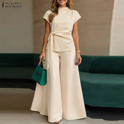 ZANZEA Summer Trousers Suit Short Sleeve Lace-Up Blouse Wide Leg Pant Sets Solid Color OL Work Outfit Fashion Women 2 Piece Sets