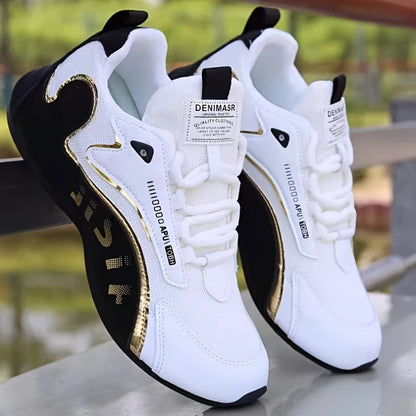 Men'S Black And White Gold Accent Running Shoes Breathable Mesh Upper Lightweight Non Slip Athletic Sneakers For Daily Wear