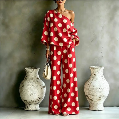 Bohemian Fashion Polka Dot Print Two-piece Set Woman's Foreign Style Slant Collar Top+wide Leg Pants Suit Lady Loose Fit Outfit