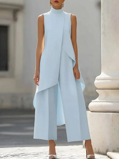 Women High Neck Sleeveless Asymmetric Tunic Wide Leg Pants Set Elegant Formal Business Office Two Piece Outfit