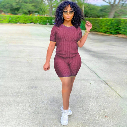 2024 New Summer Round-neck Solid Color Short-sleeved Two-piece Yoga Shorts Women's Sports Suit