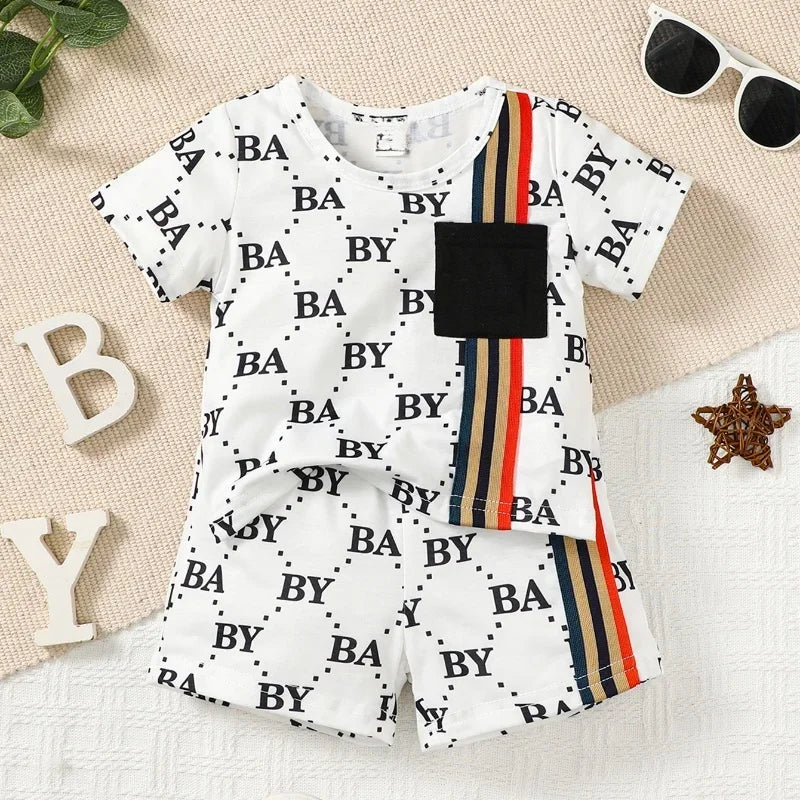2PCS Summer Toddler Baby Boy Clothing Set T-shirt Letter Short Sleeve Top+Shorts Light Luxury Style for Baby boy 0-3 Years