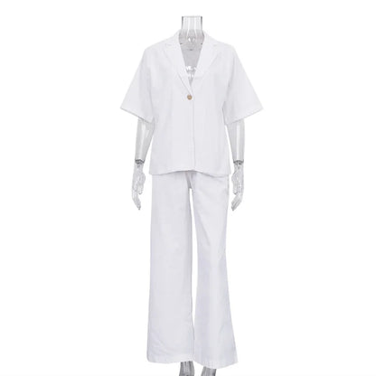 2026 New Cotton Turn-Down Collar Half-Sleeve Top Wide-Leg Pants Two-Piece Set Women, Simple And Fashionable Commuting Outfit For