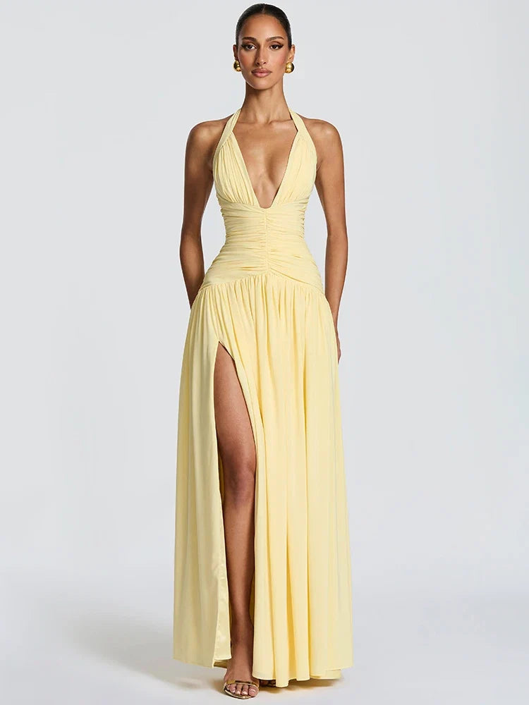 Mozision Halter Deep V Neck Sexy Maxi Dress Women Elegant Off-shoulder Sleeveless High Split Pleated Club Party Long Dress