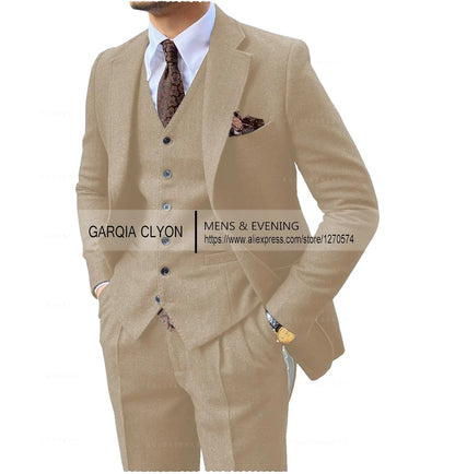 3 Pieces Men's Suits Tweed Herringbone Slim Fit Business Cauasl Waistcoat  Jacket Groomsmen Wedding Suits（Blazer+vest+Pants）