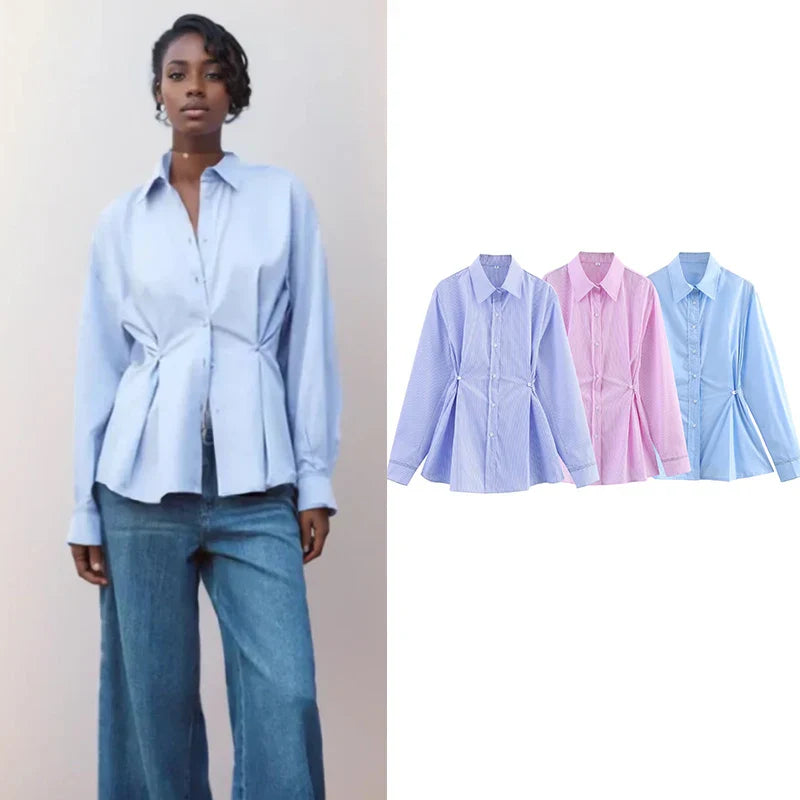 Spring Shirts Tops Women's 2025 New Chic Striped Slim Elegant Office Women's Shirt Fashion Street Youth Long-Sleeved Shirt