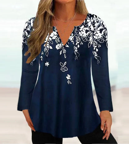 Plus-size women's casual floral print V-neck long-sleeve T-shirt top