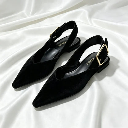 Fashion Back Strap Metal Buckle Flat Pumps Women Retro Brown Faux Suede Pointed Toe Slingback Loafers Comfortable Women Shoes