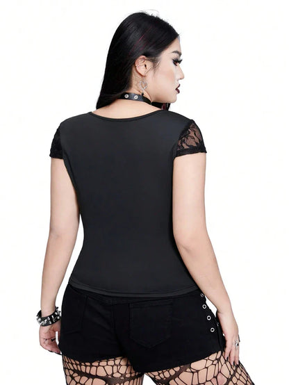 Plus Size  Sexy V-neck Bow Lace Sheer Blouse  Slim-fit Top    Y2K Style  Halloween Collection Black Cat T-shirt