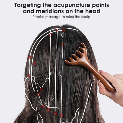 Natural Golden Sandalwood Six-Claw Scalp Massager Gua Sha Tool Back Scratcher Spa Handheld Meridian Massage Comb Hair Care