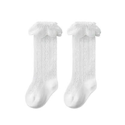 Summer Baby Girls Socks Toddler Bow Long Sock Kids Knee High Soft Cotton Mesh Stocking Spanish Style Hollow Out Lace Socks 0-3Y