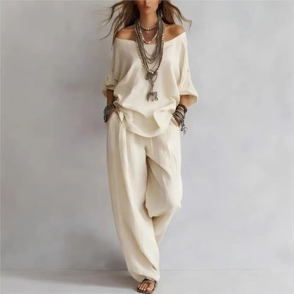 Summer New Casual Loose Linen Women's Two Piece Set Three-quarter Sleeve Off Shoulder Top Wide Leg Pants Suit Women Clothing