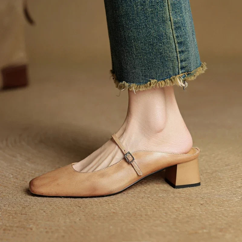 2026 New Summer Women Mules Genuine Leather Women Shoes Squared Toe med Heel Cover Toe Slingback Shallow Modern Slippers